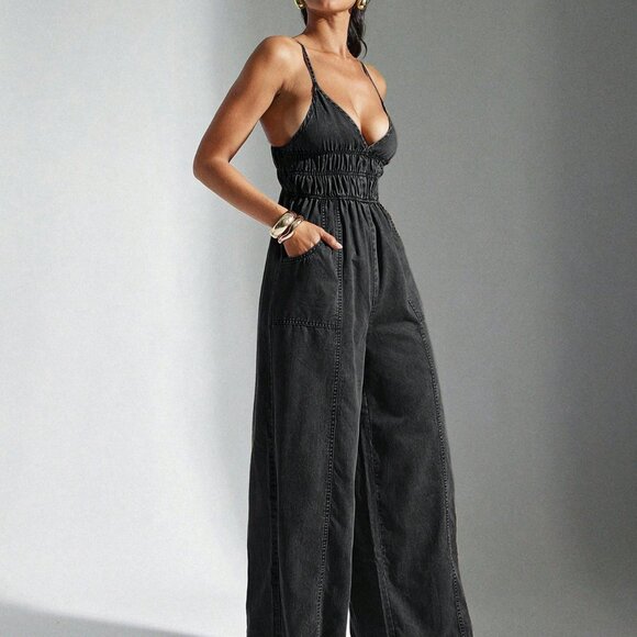 Dark Grey Sexy Women's Deep V-Neck Ruched Waist Wide Leg Loose Jumpsuit
